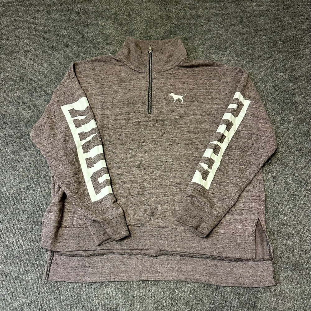 Pink Sweatshirt Womens Size M Mauve Heathered Quarter Zip Logo Sleeve Pullover